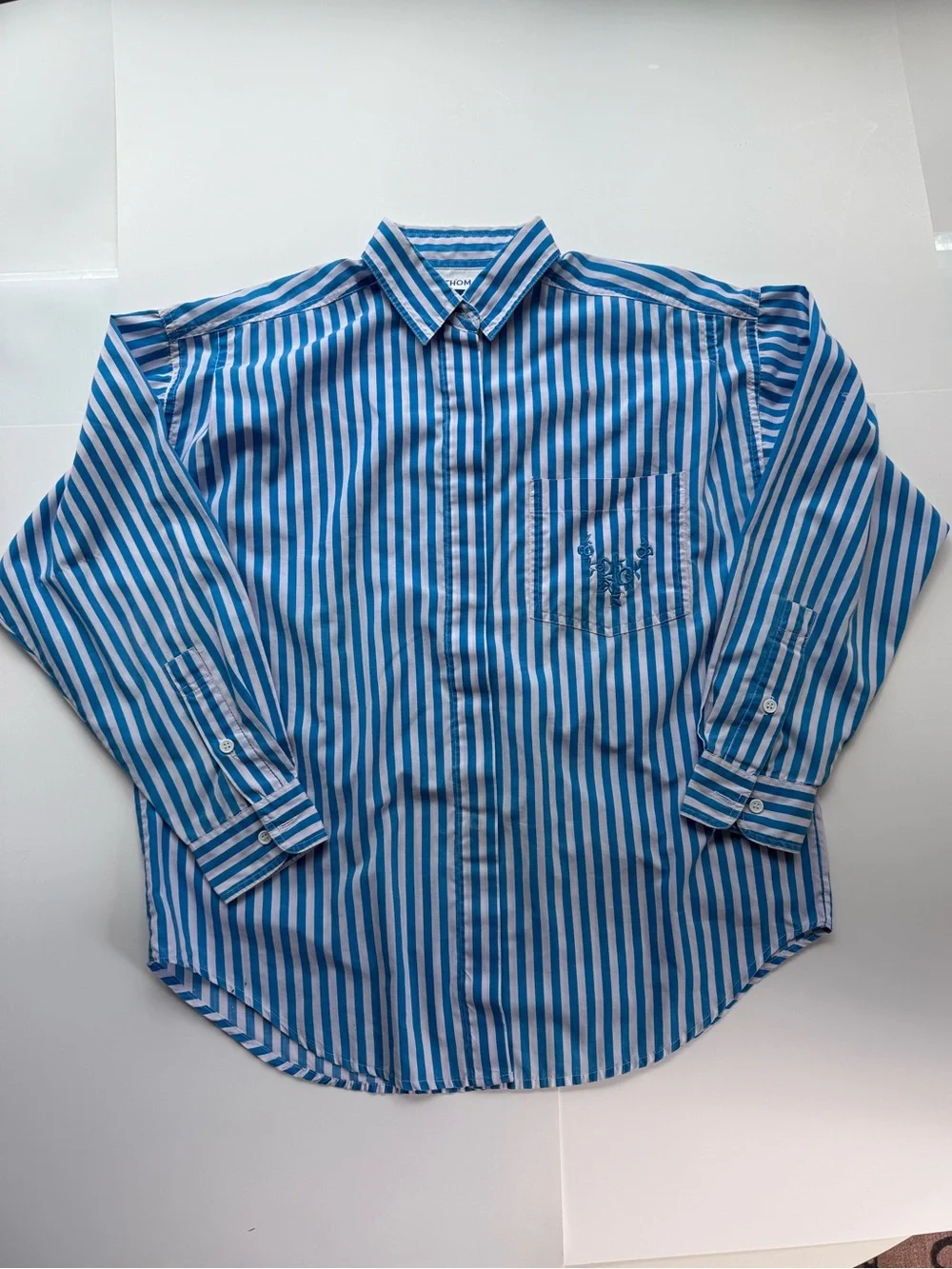Vintage 90s Liz Thomas White & blue Striped Button Down Shirt with embroidery M - Picture 3 of 13